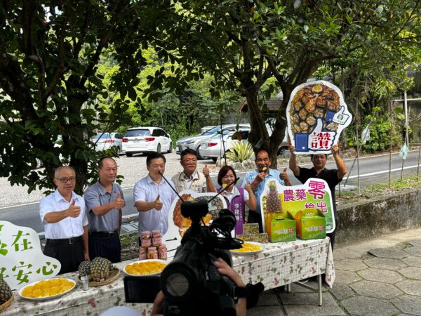 宜蘭縣員山鄉二湖鳳梨正式上市，地方民代、宜蘭縣政府農業處及員山鄉農會代表共同出席上市記者會，手持「農藥零檢出」及二湖鳳梨宣傳牌合影，推薦甜度14度以上、品質優異的二湖鳳梨，邀請消費者把握7至8月盛產季，品嚐來自宜蘭的夏日鮮甜滋味。圖／寶朕甜提供