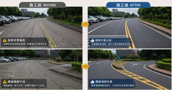 整建完成後的校園通行道路／整建路段為馬偕醫學大學重要聯外動線，在吉田開發建設捐款支持下完成改善，讓師生日常往返更加安心。（圖／吉田開發建設提供）