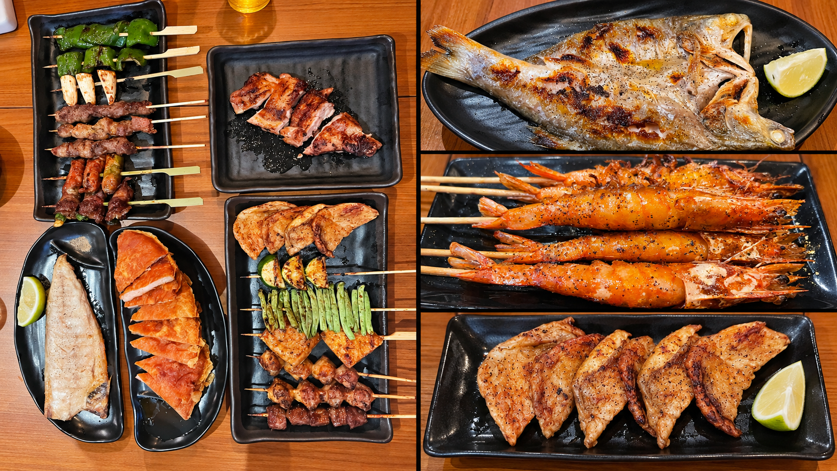 柒息地串燒居酒屋林口長庚店推出多款串燒料理,搭配烤魚、烤蝦與雞翅,提供聚餐分享的選擇。(合成圖/朱立君攝)