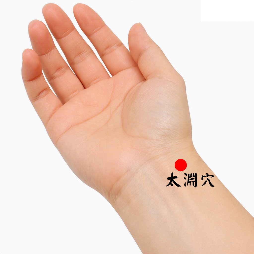 太淵穴位置示意，位於手腕掌側靠近拇指處；按摩宜輕柔，避免用力壓迫鄰近血管，不能取代疾病治療。（圖／松山欣悅中醫診所提供）