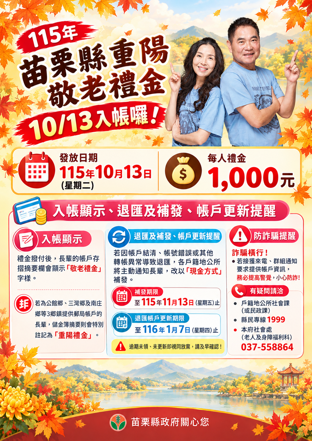 苗栗重陽禮金10／13入帳！逾10萬長輩每人領1,000元　補發期限一次看