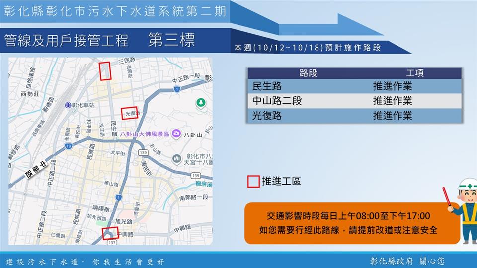 彰化市污水下水道第二期第三標工程，10月12日至18日預計於民生路、中山路二段及光復路進行推進作業，交通影響時段為每日8時至17時，提醒用路人提前改道並注意通行安全。圖/彰化縣政府水利資源處提供
