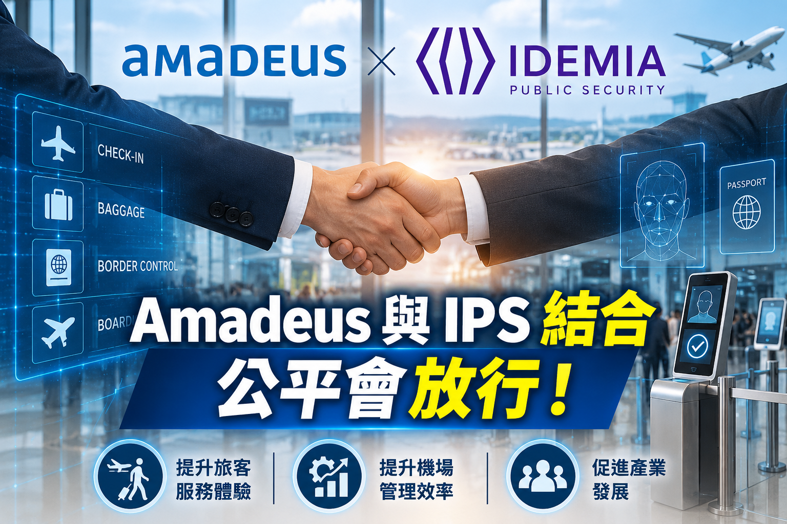 公平會審議通過Amadeus與IPS結合案,認定無顯著限制競爭疑慮。雙方技術整合有助推動One ID智慧旅運服務,提升機場管理效率及旅客通關便利性。(圖/AI生成示意圖)