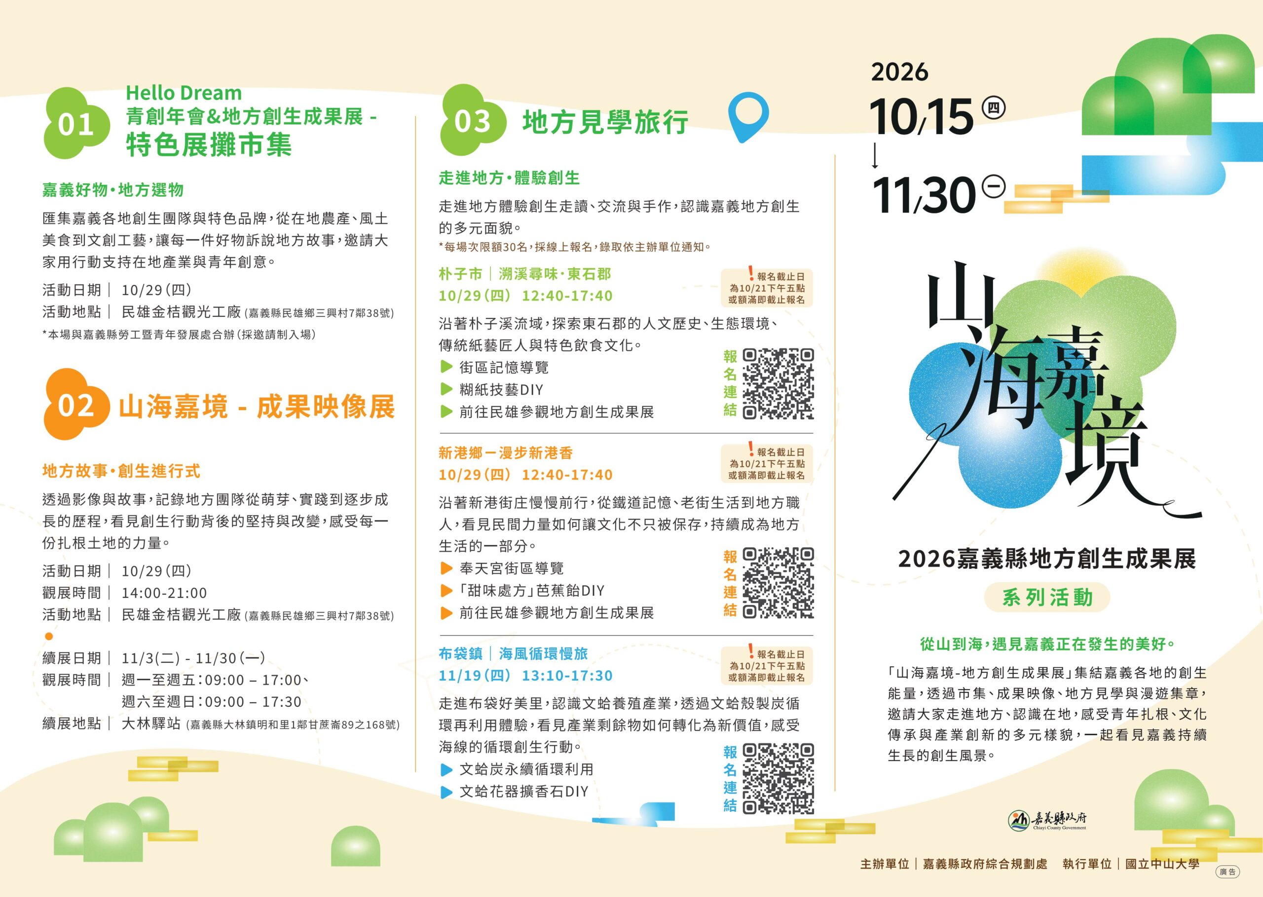 「山海嘉境」嘉義縣地方創生成果展系列活動，結合特色市集、成果映像展、朴子、新港及布袋地方見學旅行與漫遊集章，邀請民眾從山到海探索在地文化與產業特色。（圖／嘉義縣政府提供）